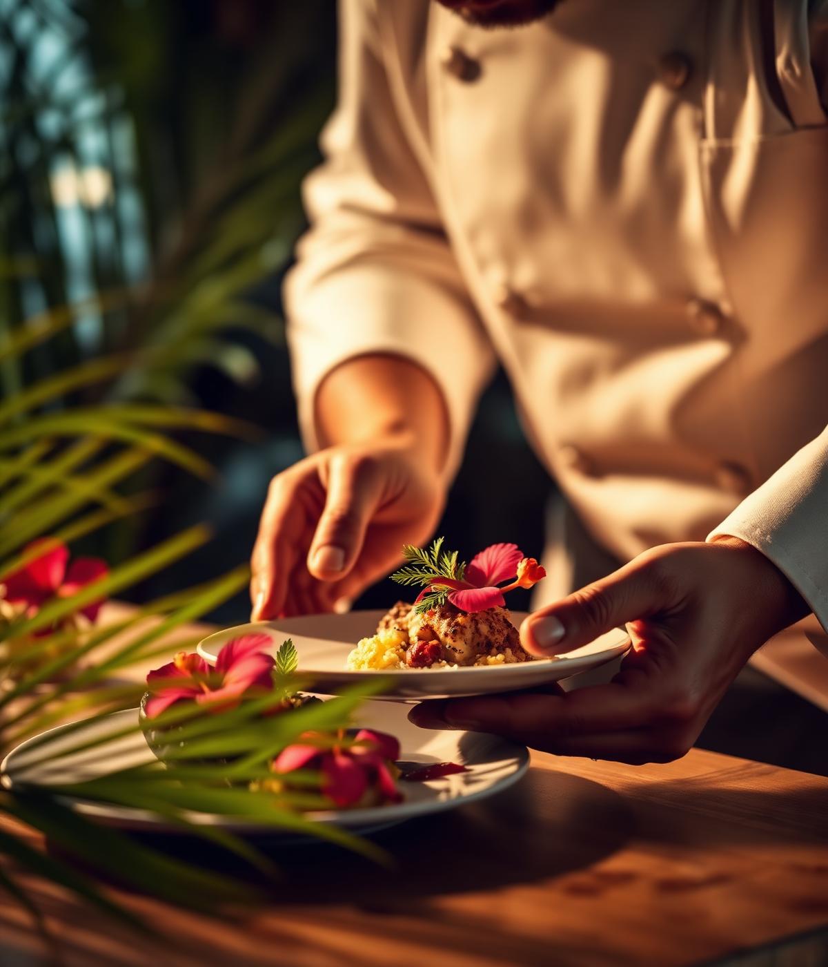 Chef plating an elegant Caribbean dish
